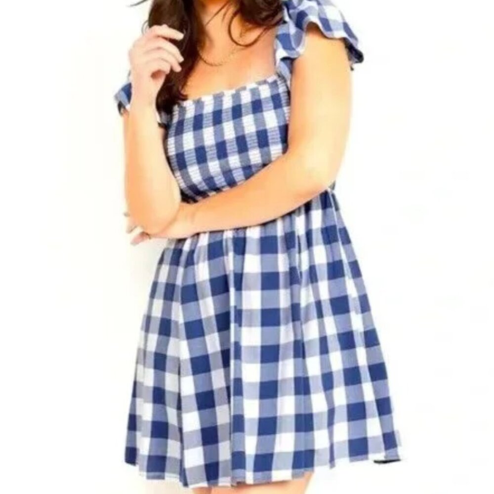Old Navy - Blue & White Gingham Smocked Mini Dress (Size XL)